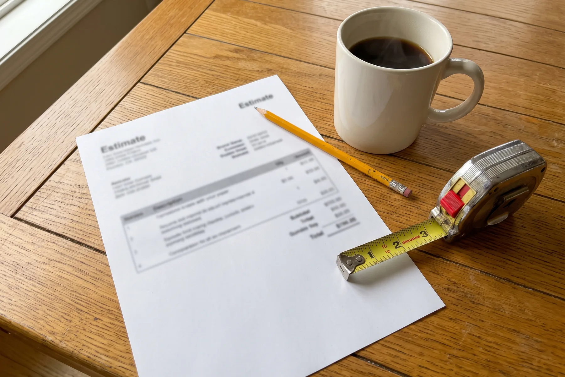 A printed estimate on a kitchen table beside a tape measure