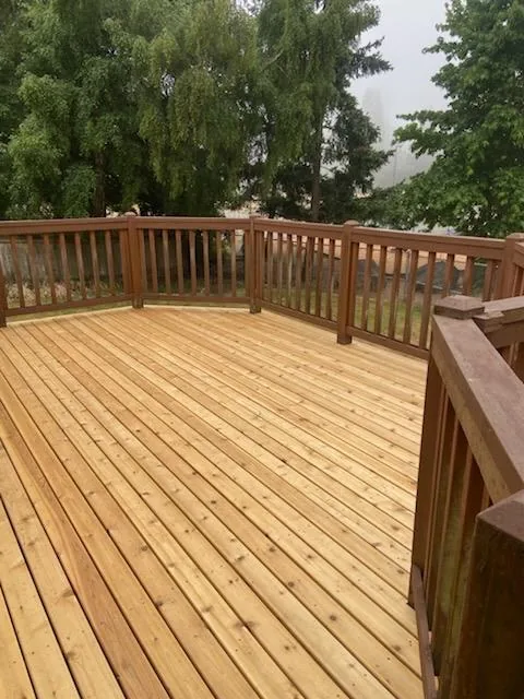 Deck boards and railing from the far corner, trees behind