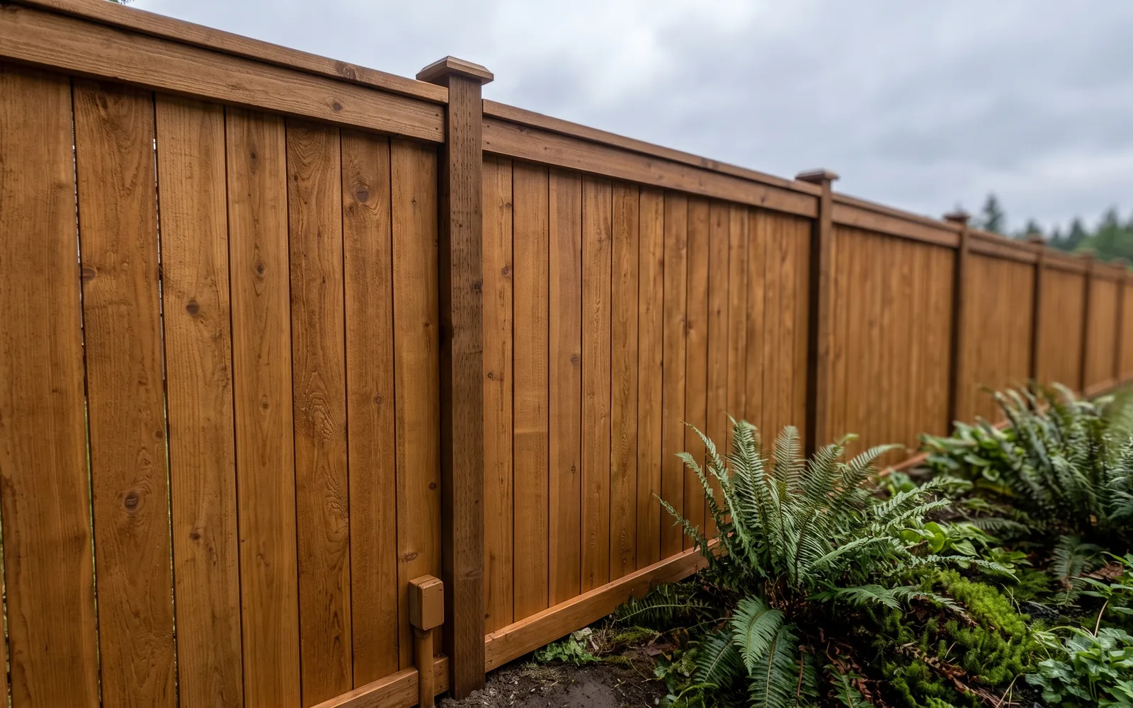 A cedar fence section after staining, ferns at the base