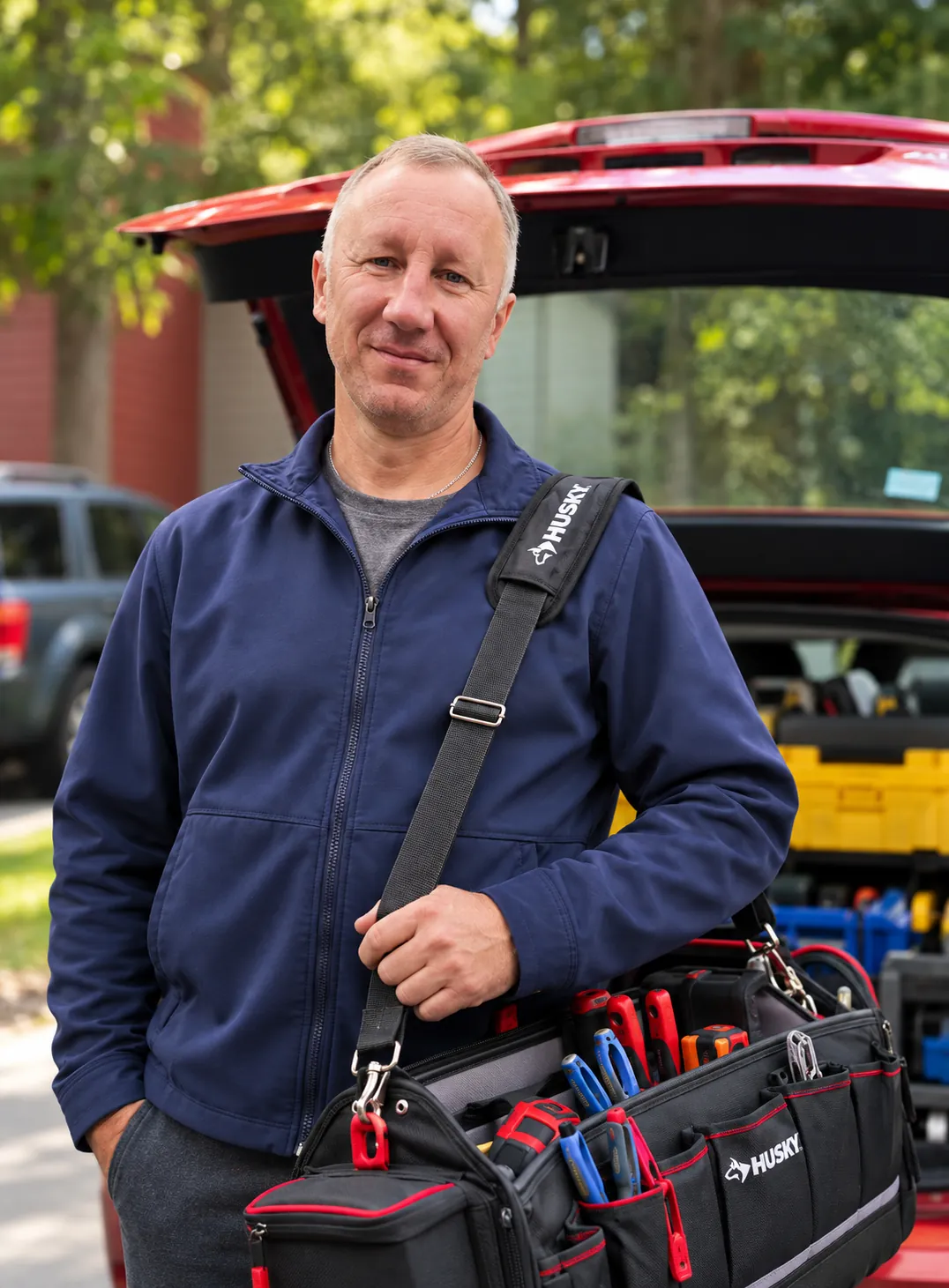 Dmitriy with his tool bag at the back of the work car