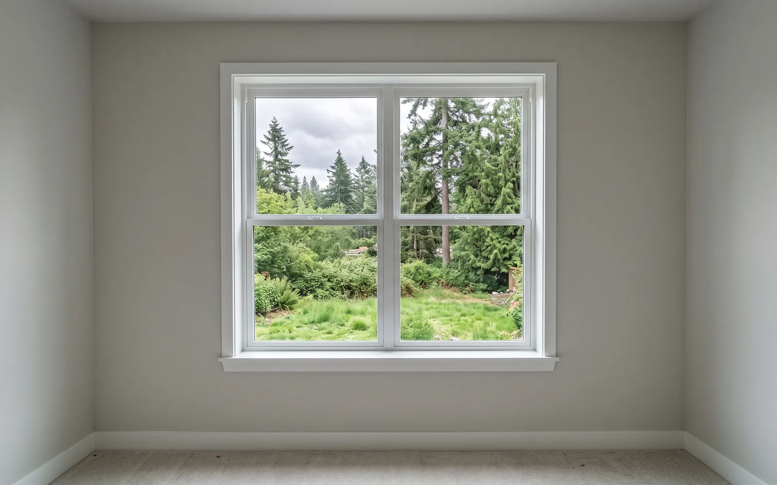 A newly installed white vinyl window seen from inside a room